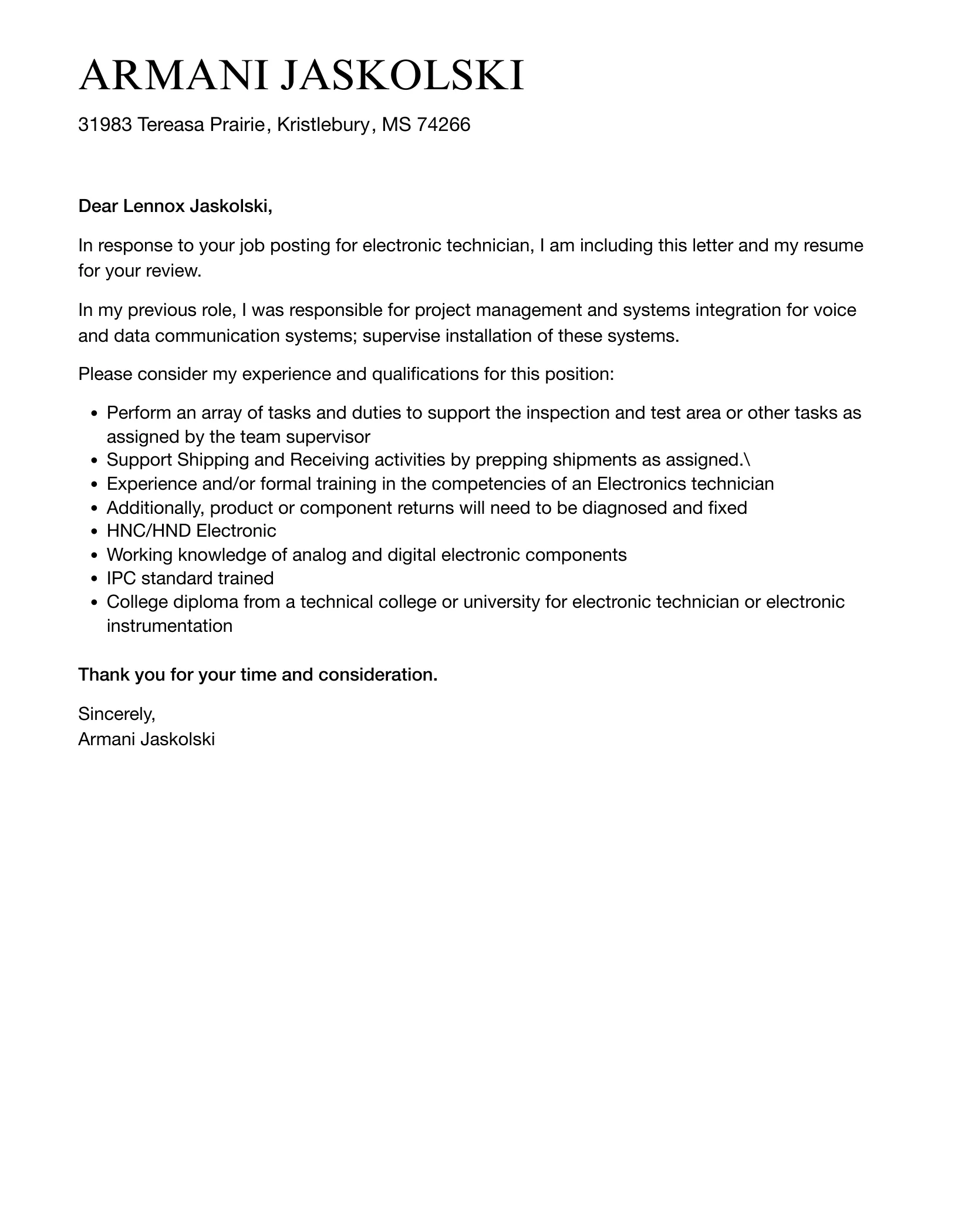 41086 electronic technician experience