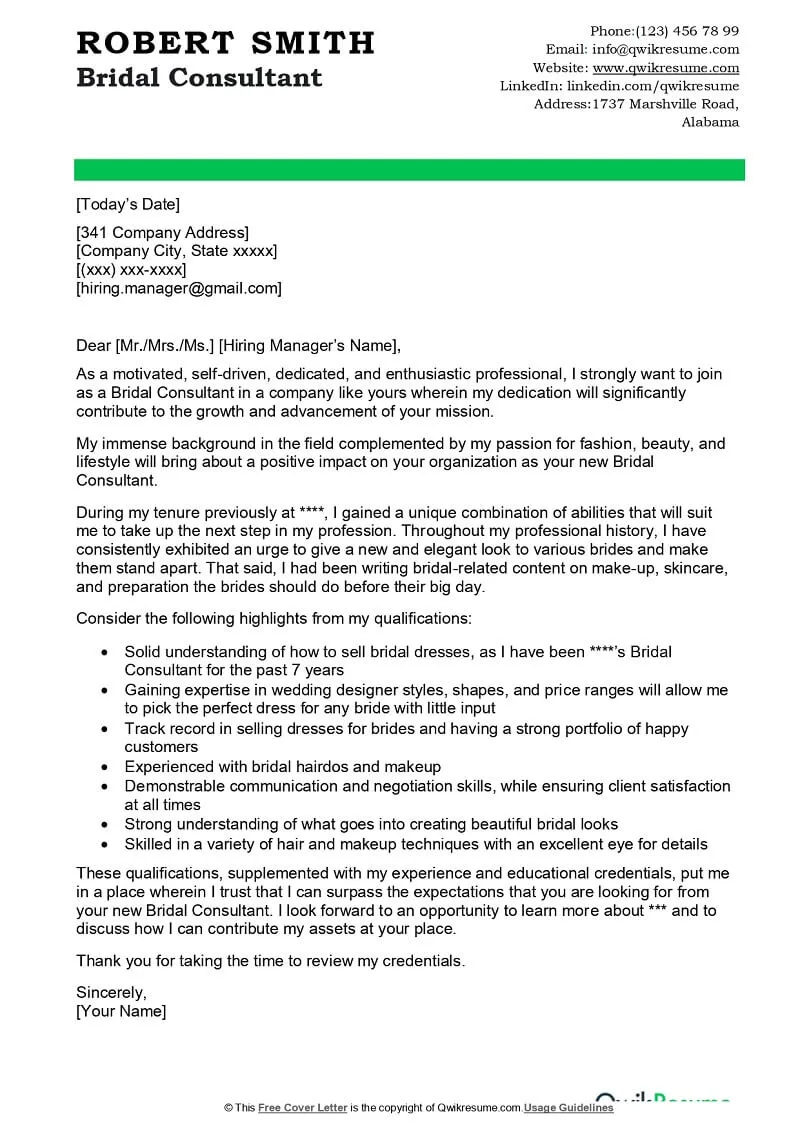 41134 bridal consultant cover letter experience