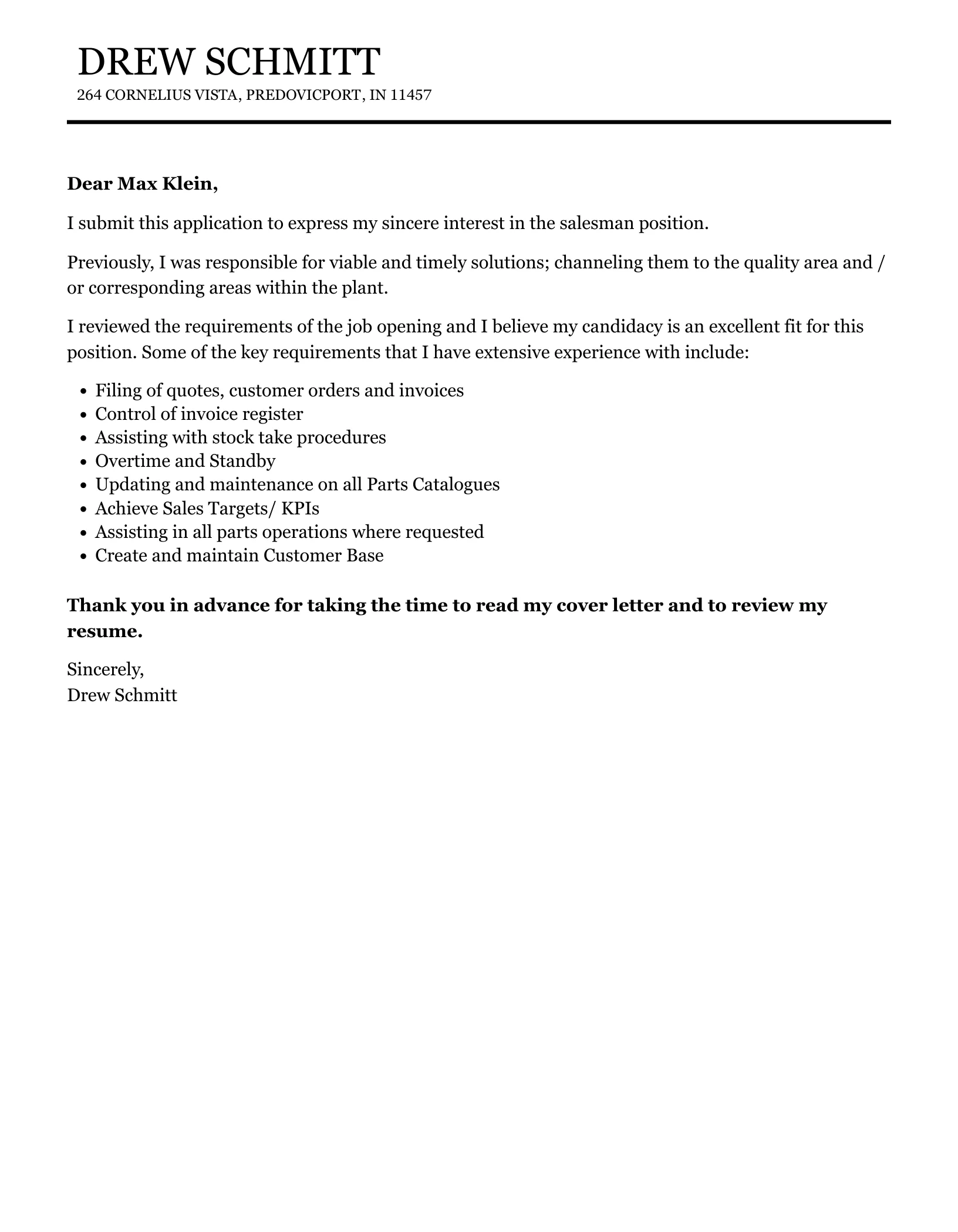 41158 salesman cover letter skills
