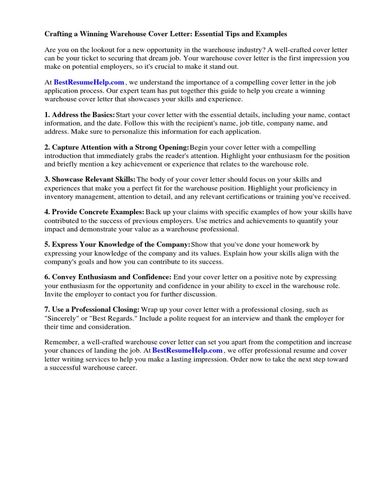 41162 warehouse cover letter importance