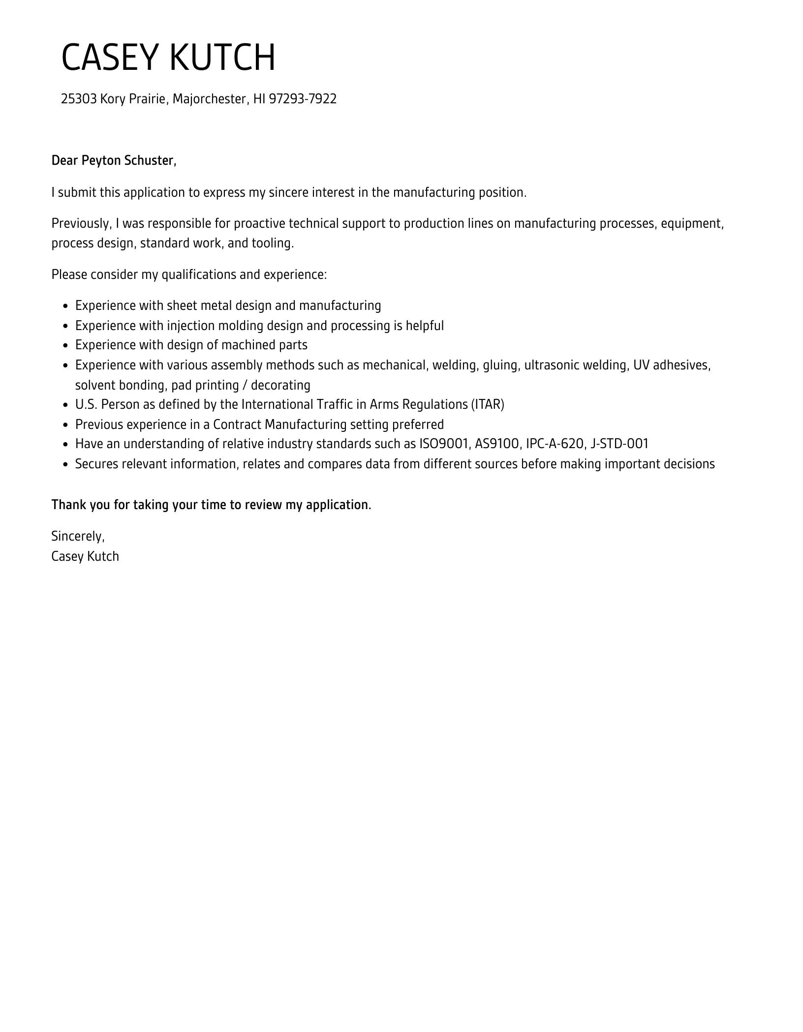 41171 manufacturing cover letter achievements