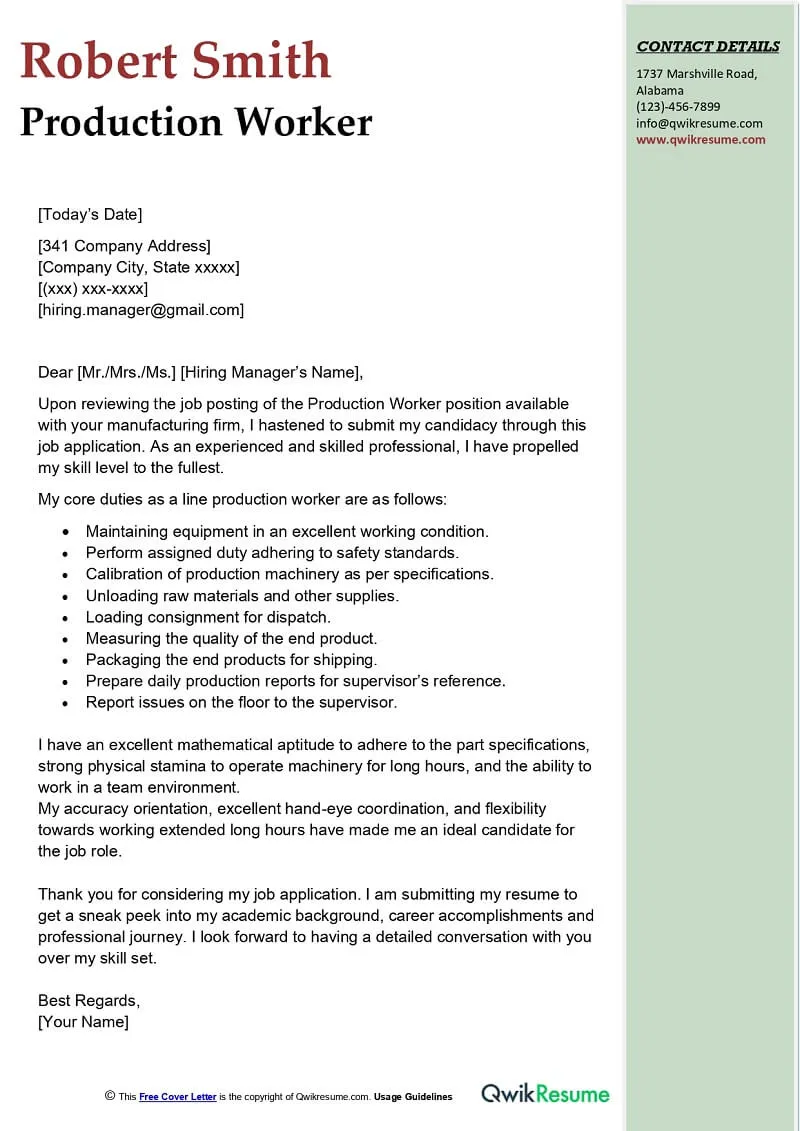 41171 manufacturing cover letter skills