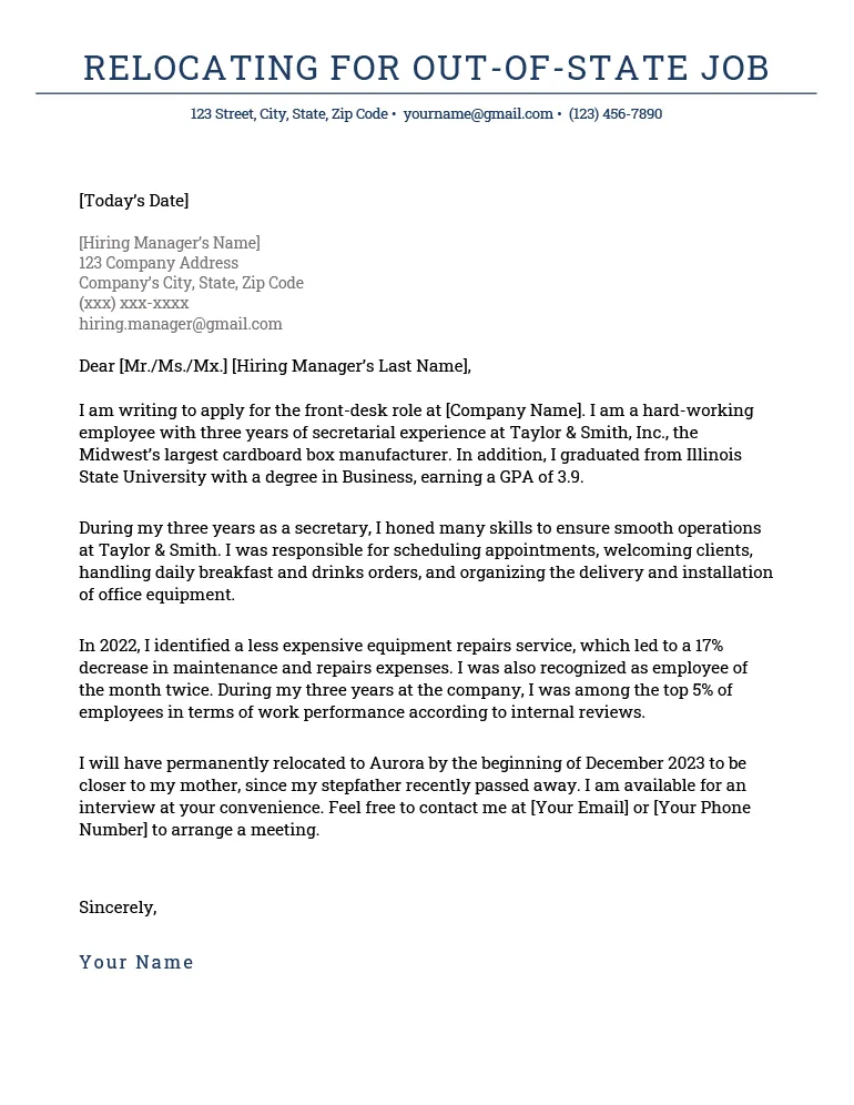 41183 relocation cover letter reasons