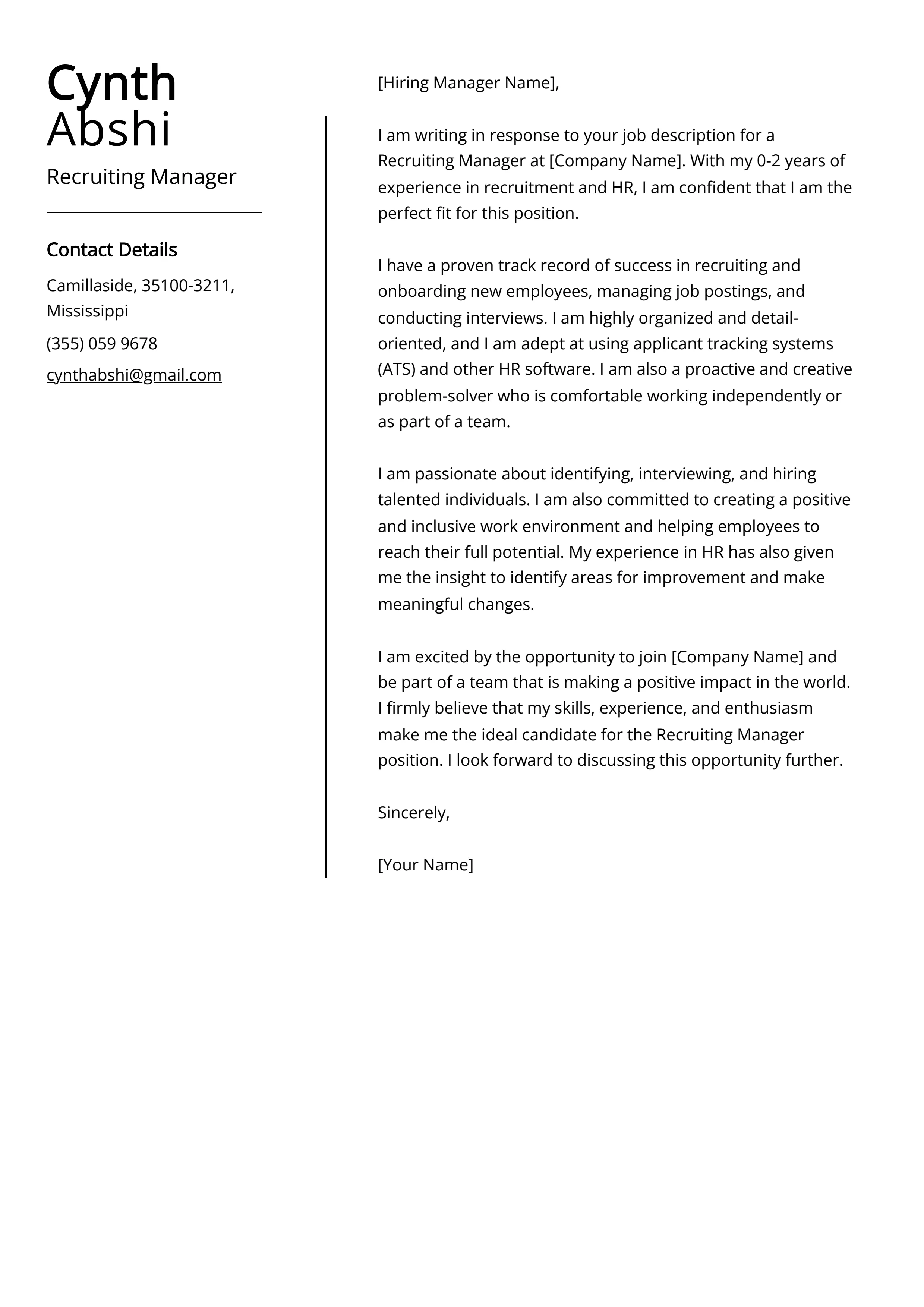 41203 recruitment manager cover letter formatting