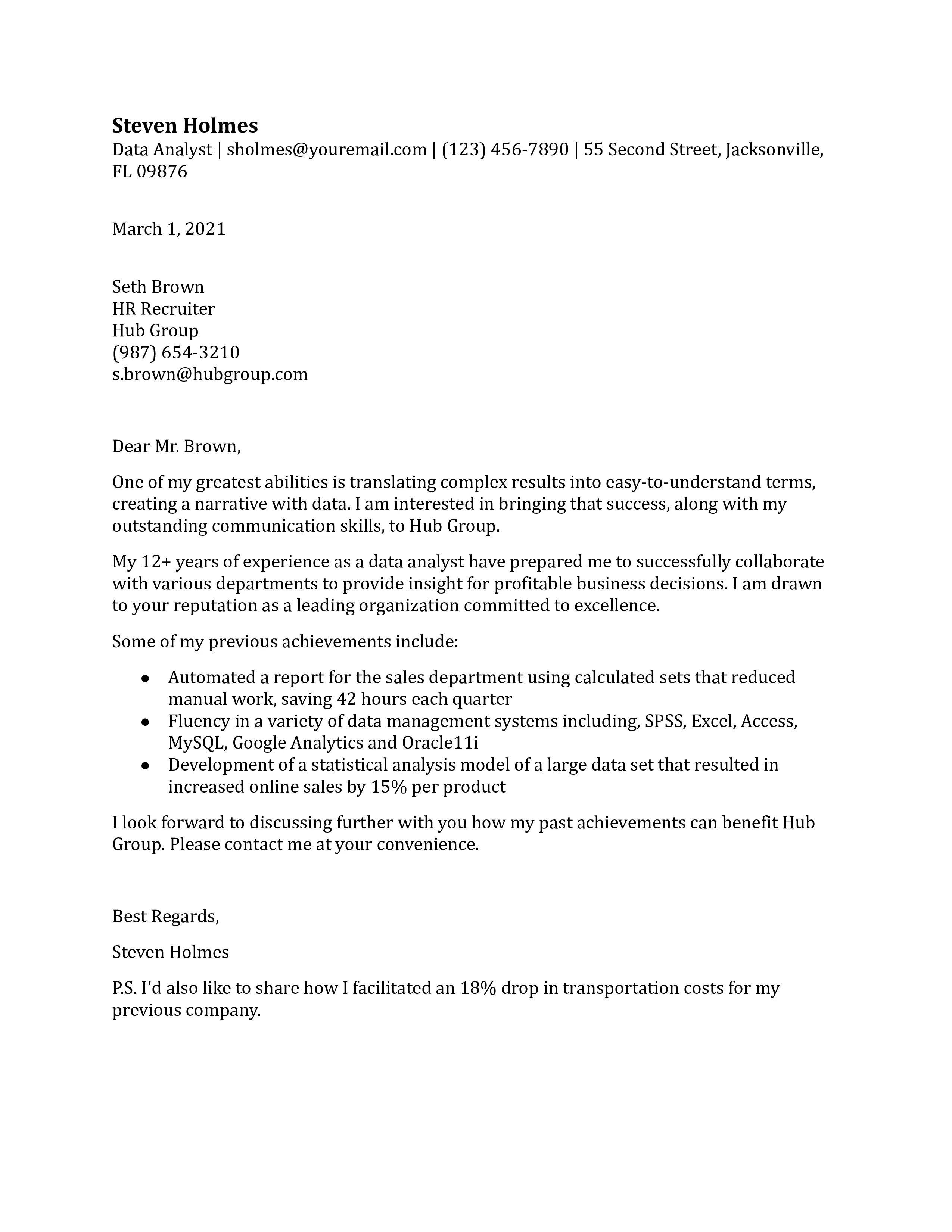 41234 it analyst cover letter achievements