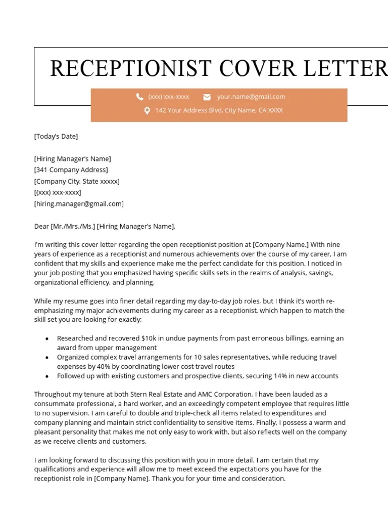 41270 receptionist cover letter importance