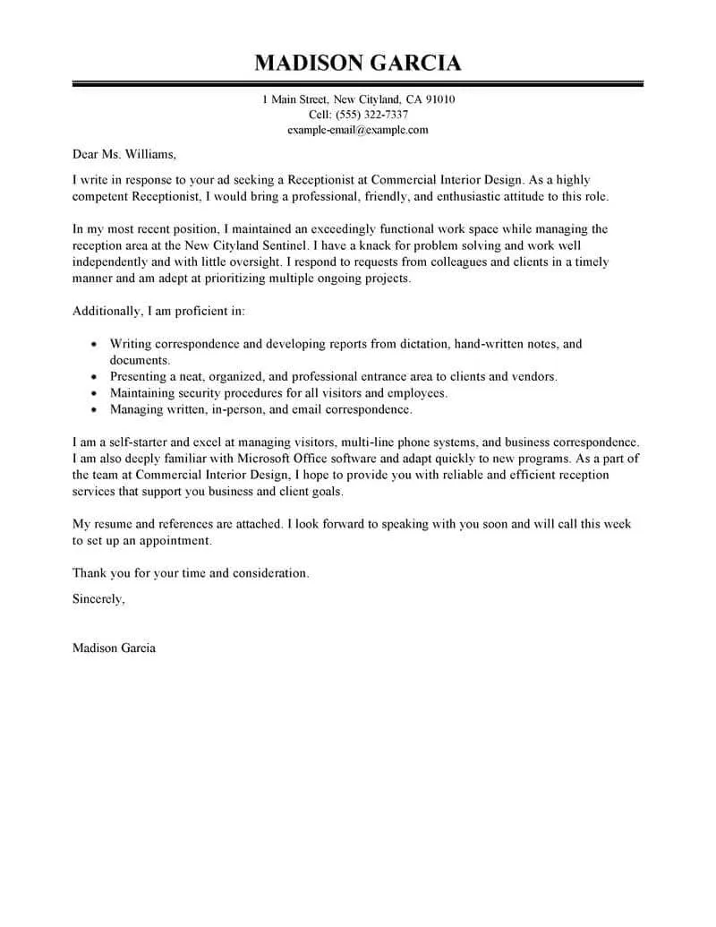 41270 receptionist cover letter skills