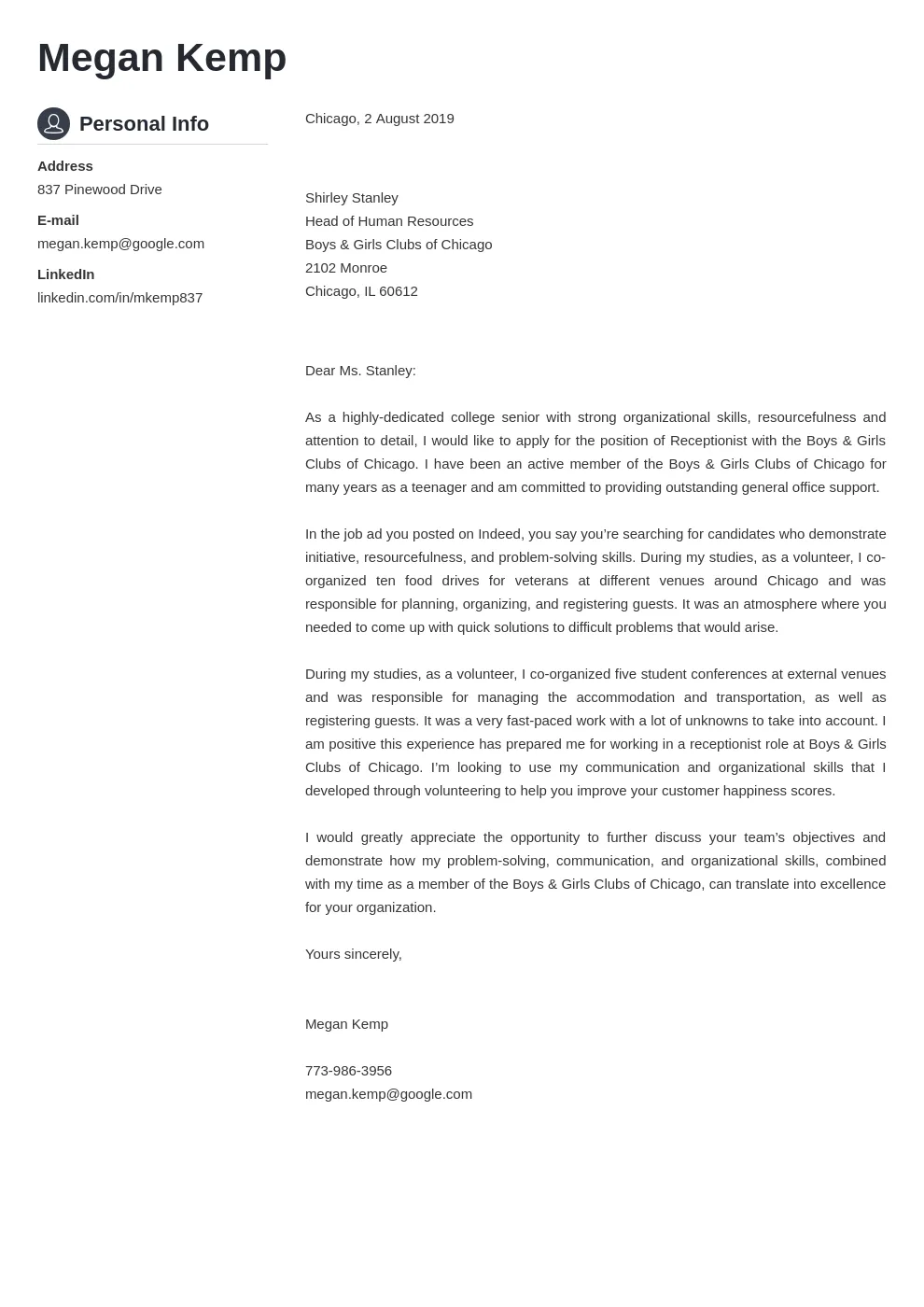 41270 receptionist cover letter structure