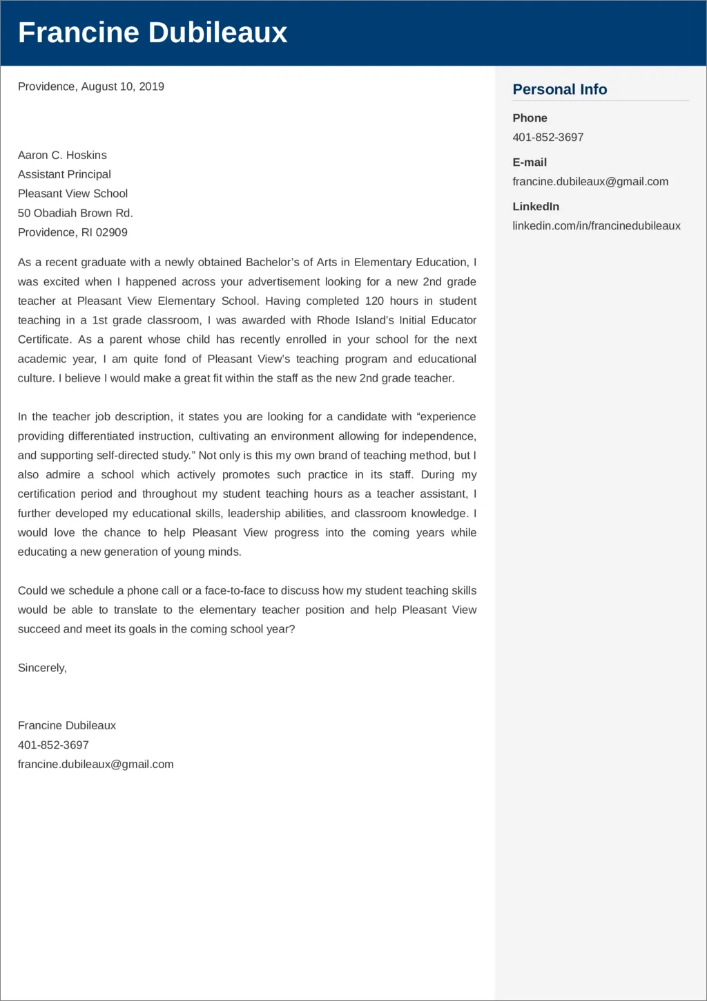 41296 teacher cover letter example
