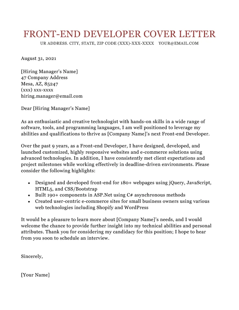 41307 frontend developer cover letter header