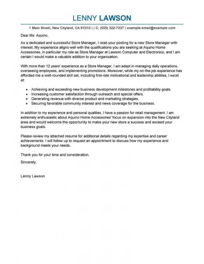 41329 store manager cover letter writing